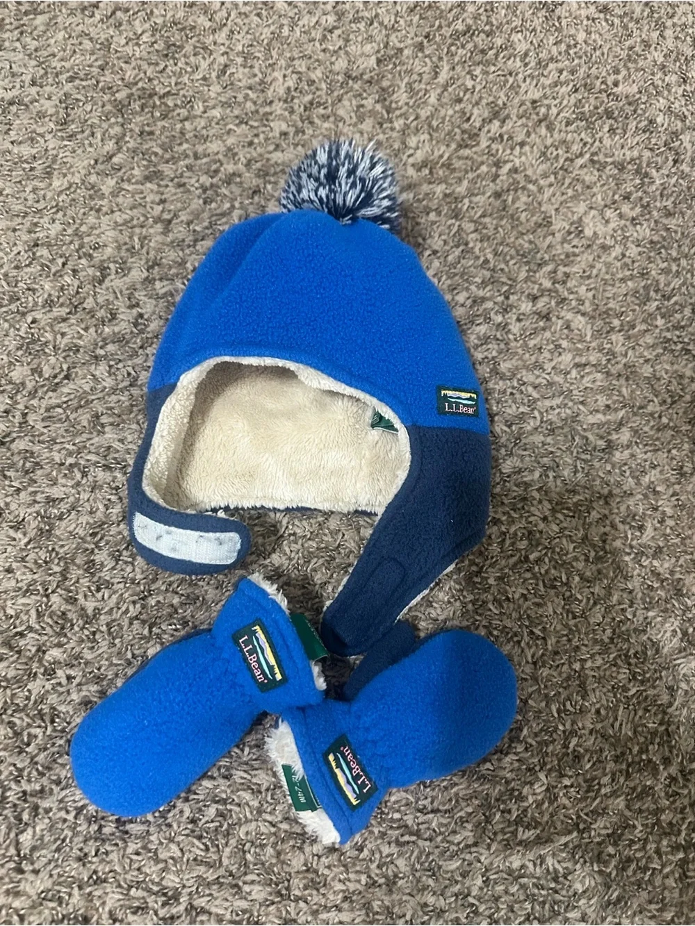 L.L. Bean Bright Blue and Navy Fleece Earflap Hat with Pom and Mittens